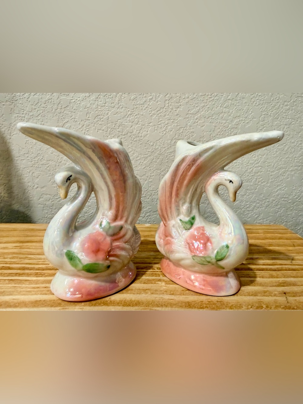 Vintage Iridescent Pink Swan Planters Bud Vases Pair
